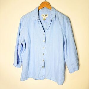 Orvis Button Up Shirts Women 100% Linen 3/4 Sleeve Shirt Light Blue Women L